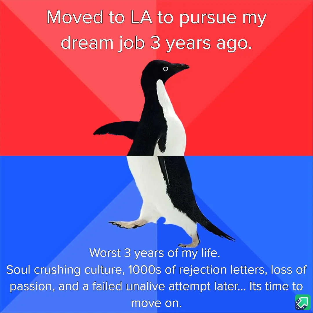 A penguin stands centered against a red and blue background, split horizontally. White text at the top reads 'Moved to LA to…
