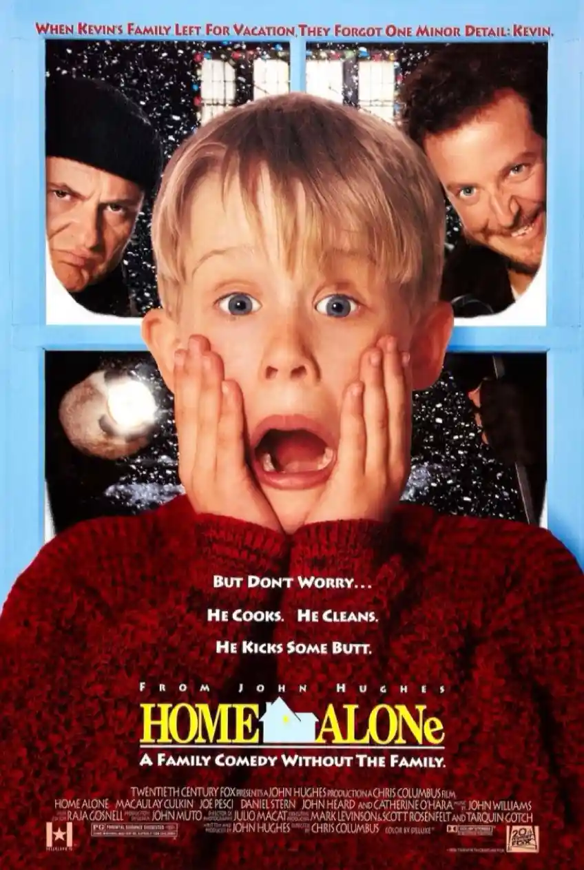 This is the original movie poster for 'Home Alone,' featuring a young boy in a red sweater with his hands on his cheeks…