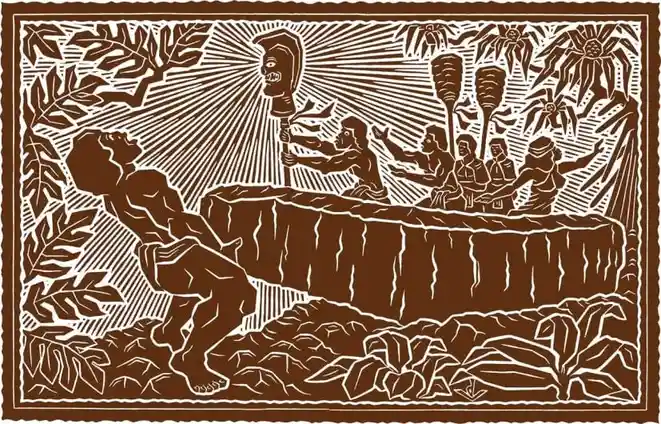a brown and white woodcut-style illustration depicts a muscular man in a jungle setting, looking up in awe or fear at a…