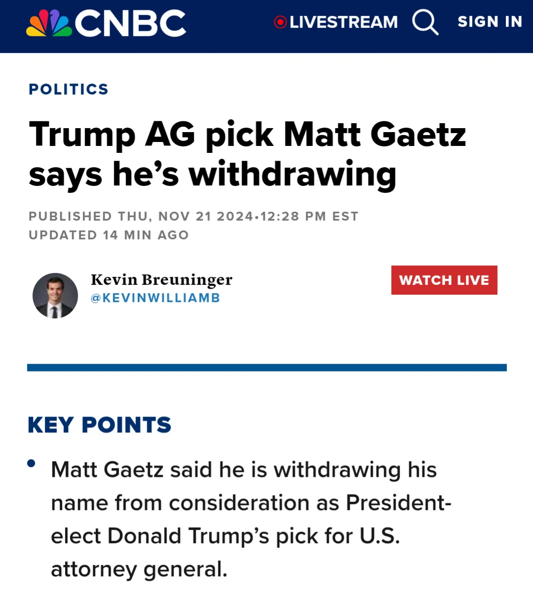 A screenshot of a CNBC news article with the headline 'Trump AG pick Matt Gaetz says he's withdrawing' and a key point…