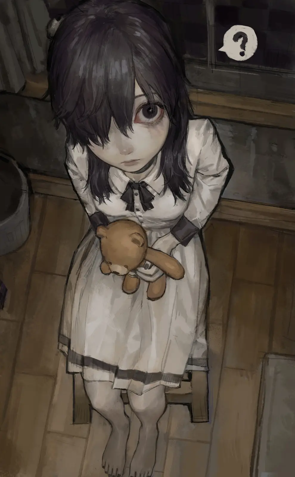 An anime-style girl with dark hair and a white dress holding a teddy bear looks down with a sad expression, while a speech…