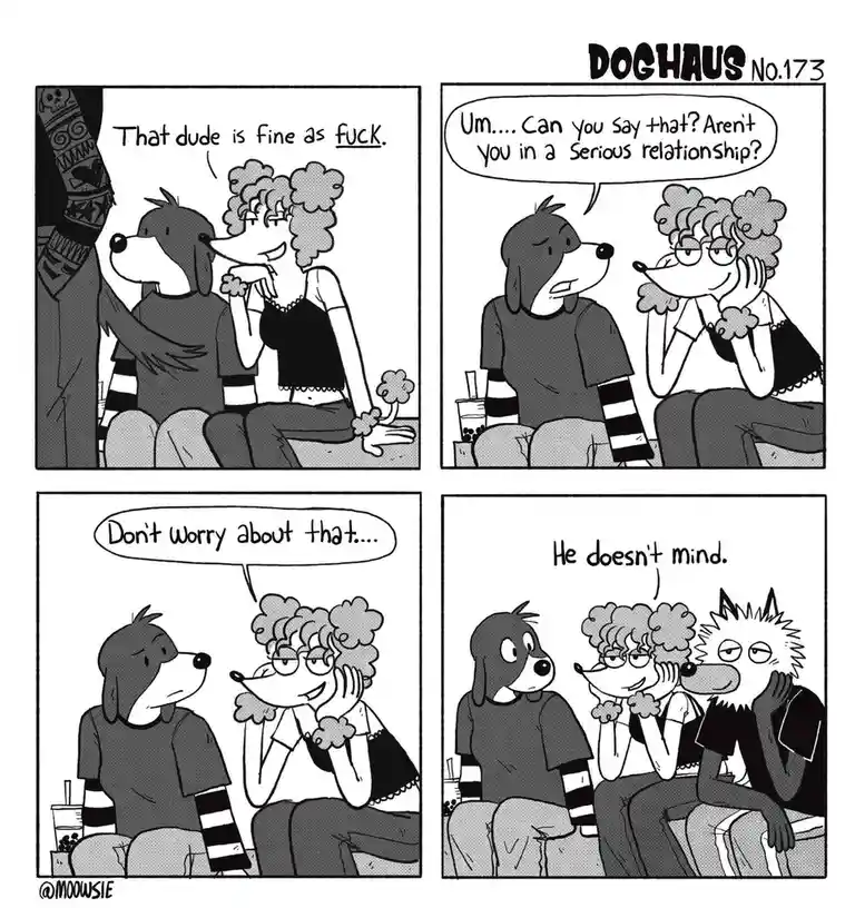 A four-panel black-and-white comic strip from 'Doghaus No.173' by @moowsie, featuring two anthropomorphic dogs and a wolf…