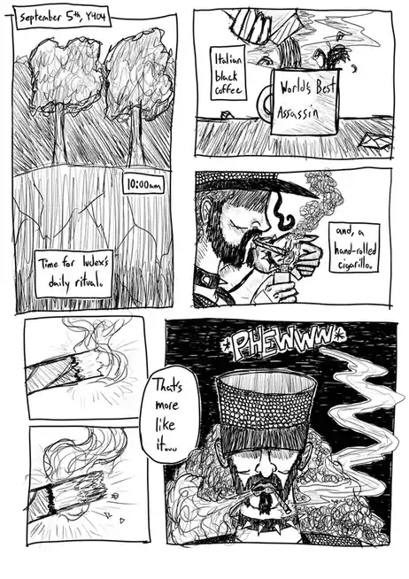 A black-and-white comic strip shows a character named Ludex starting his daily ritual at 10:00am on September 5th, Y404. He…