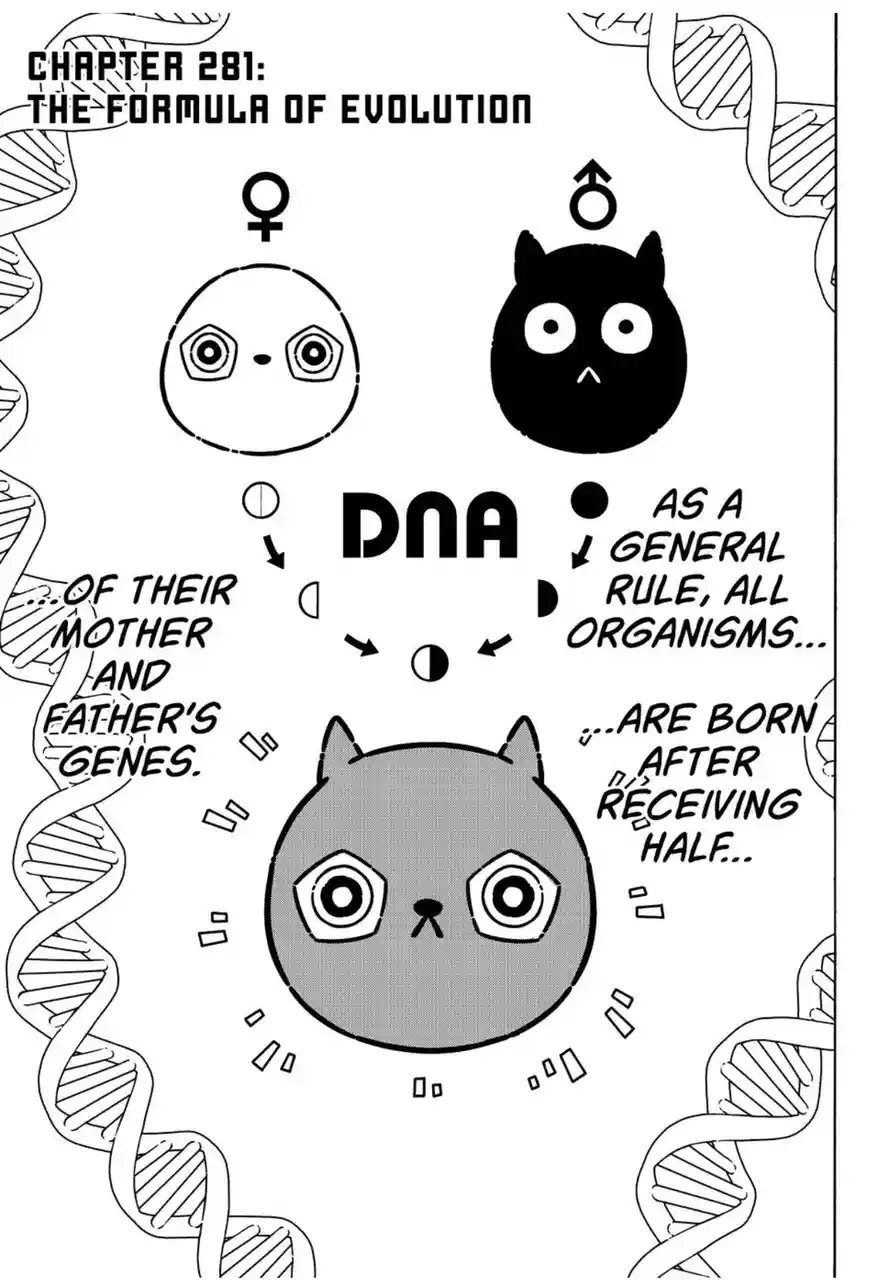 A black-and-white manga panel titled 'CHAPTER 281: THE FORMULA OF EVOLUTION' shows two cartoon cat-like characters, one…