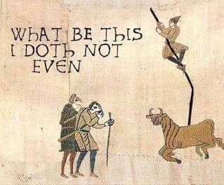 An ancient-looking illustration shows two men in medieval-style clothing observing a bizarre scene: one man is perched atop…