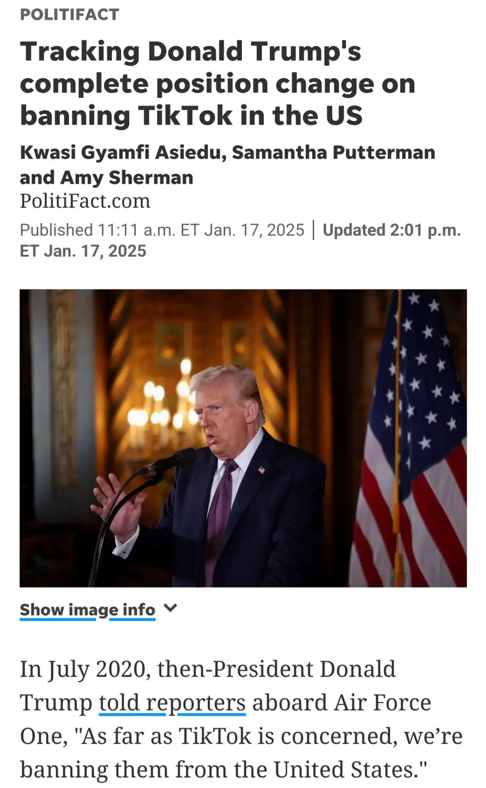 A screenshot of a Politifact article titled 'Tracking Donald Trump's complete position change on banning TikTok in the US'…