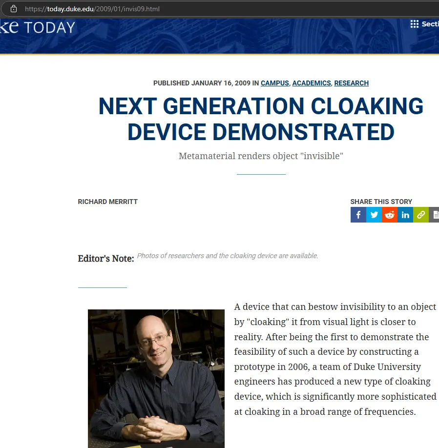 A screenshot of a 2009 Duke University news article titled 'NEXT GENERATION CLOAKING DEVICE DEMONSTRATED' with a photo of a…