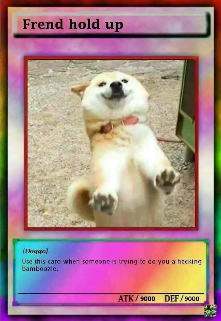 The image displays a Shiba Inu dog with a smug, self-satisfied expression, sitting upright with its front paws raised in a…