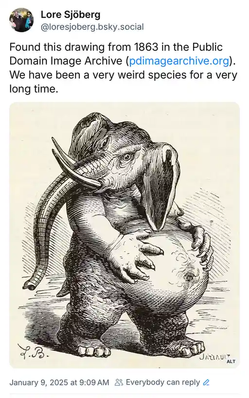 A 1863 black-and-white line drawing shows a grotesque, hybrid creature with an elephant's head, trunk, and legs, but also…