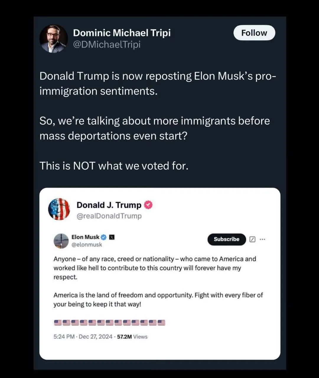 A screenshot of a Twitter post by Dominic Michael Tripi showing a reposted tweet from Donald J. Trump, which in turn reposts…