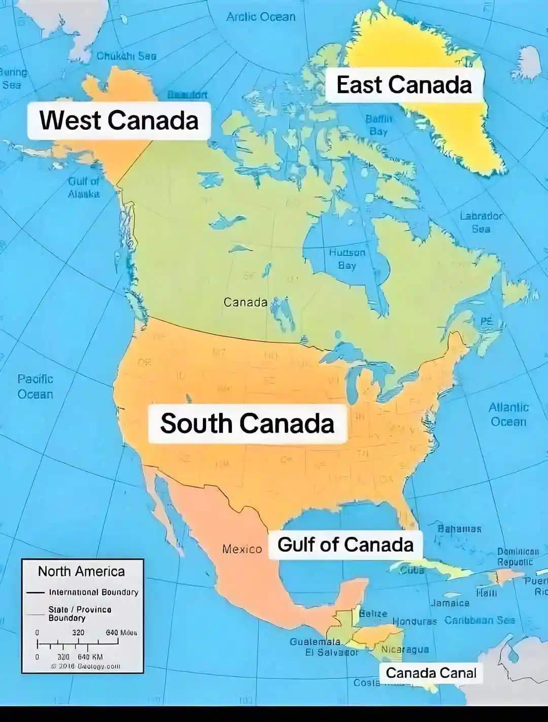 A map of North America humorously mislabels Canada as 'West Canada', 'East Canada', and 'South Canada', with the Gulf of…