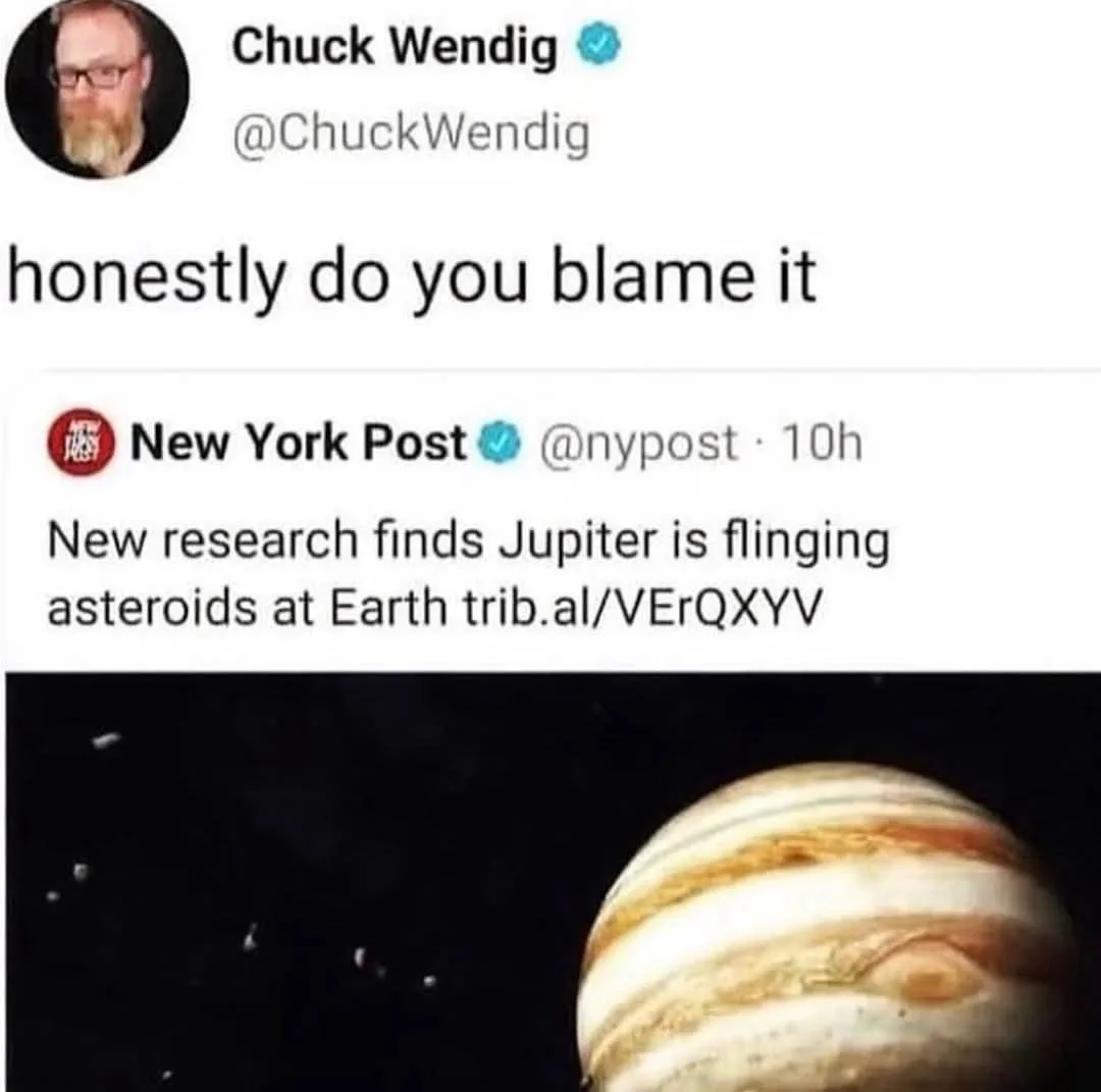 The image displays a screenshot of two tweets. The top tweet from Chuck Wendig reads 'honestly do you blame it'. Below it, a…