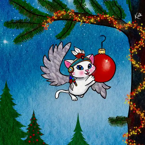 A cartoon white cat with large blue eyes, pink cheeks, and grey feathered wings is flying through a snowy night sky while…