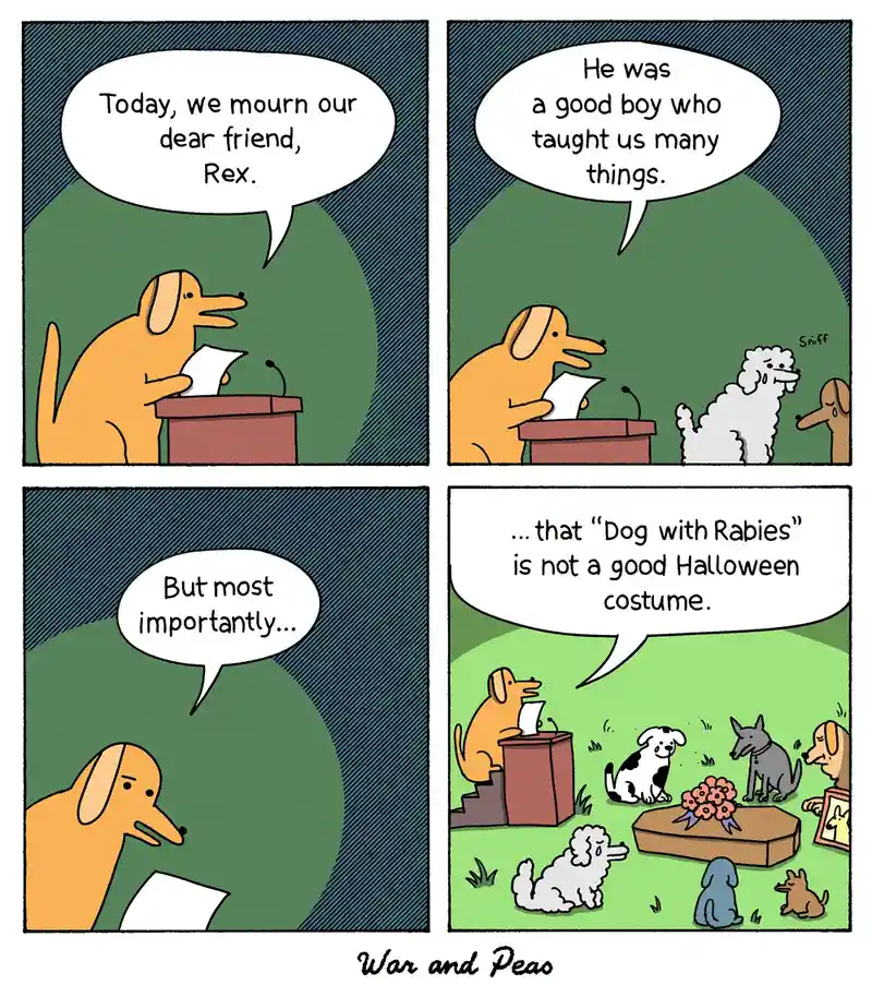 A four-panel comic strip from 'War and Peas' shows a dog giving a eulogy at a funeral for another dog named Rex. The eulogy…