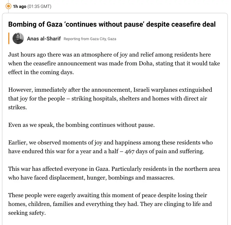 A screenshot of a news article by Anas al-Sharif reporting from Gaza City, detailing how Israeli warplanes struck hospitals…