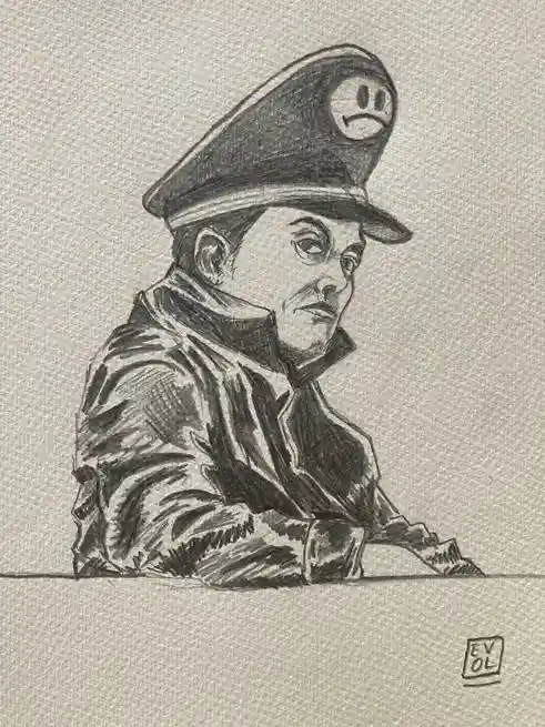 A pencil sketch depicts a man in a military-style uniform and peaked cap, looking over his shoulder with a stern expression…