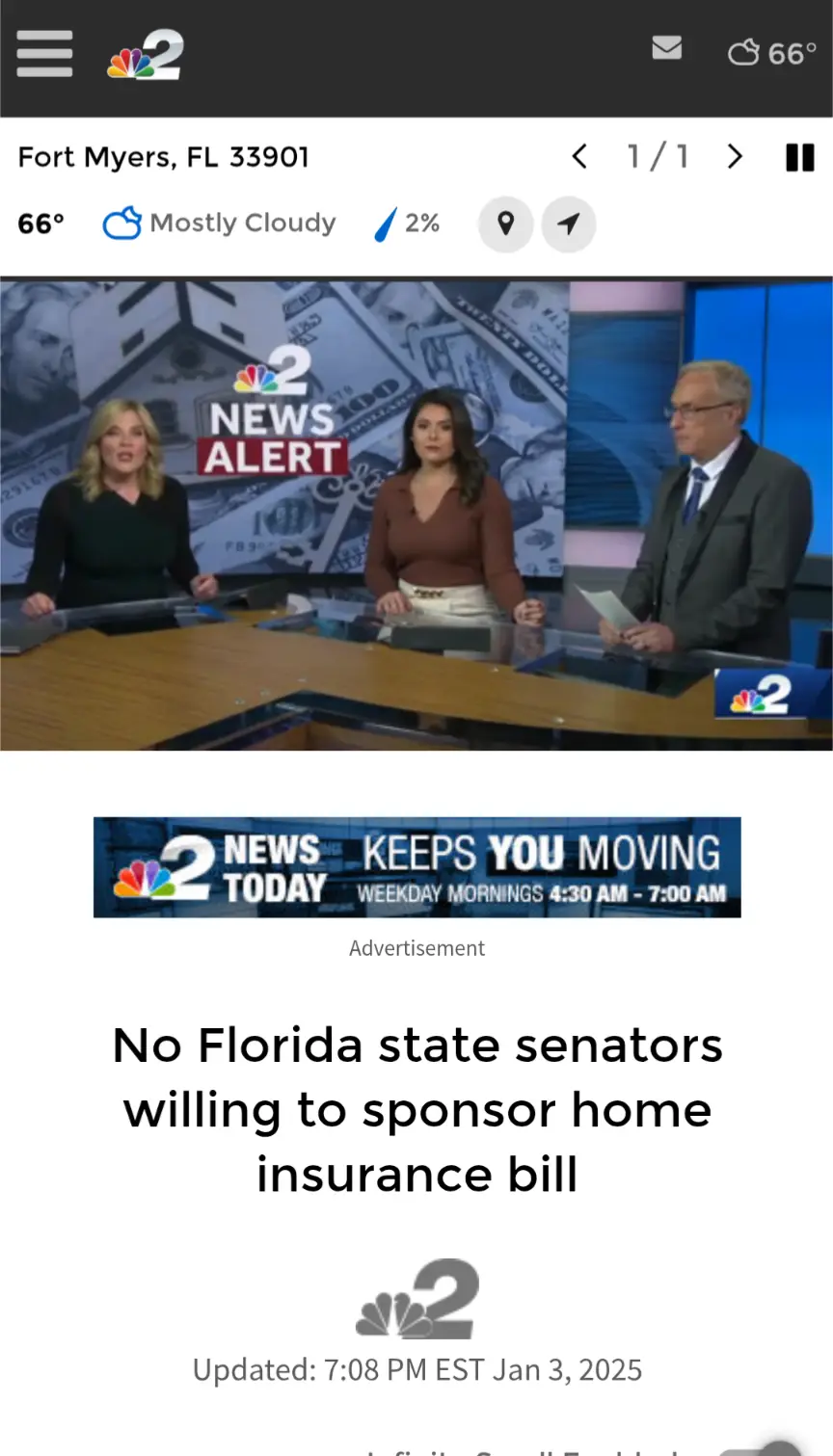 A screenshot of an NBC2 news app shows a weather forecast for Fort Myers, FL, followed by a news alert image of three…