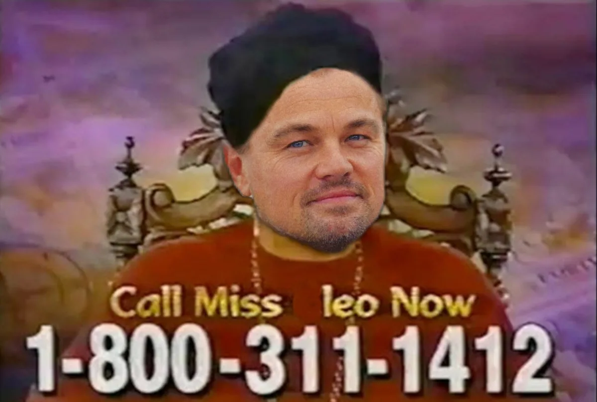 The image features a digitally altered photo of Leonardo DiCaprio with a black turban, wearing a red shirt and a beaded…