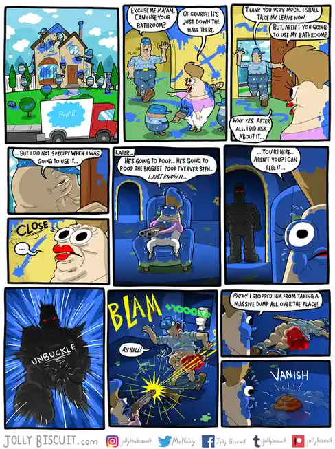 A comic strip shows a man covered in blue paint asking a woman for bathroom use, which she grants. Later, she fears he's…