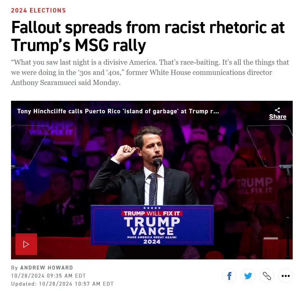 A screenshot of a news article about Trump's 2024 rally fallout, featuring a photo of comedian Tony Hinchcliffe at a podium…