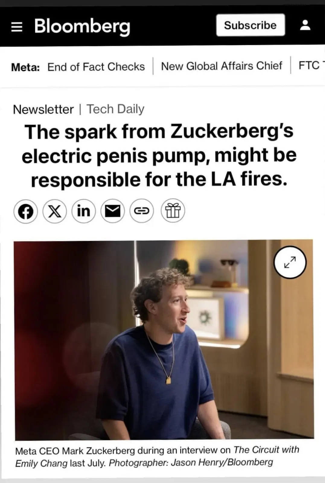 A screenshot of a Bloomberg newsletter article featuring a photo of Meta CEO Mark Zuckerberg. The article's headline…