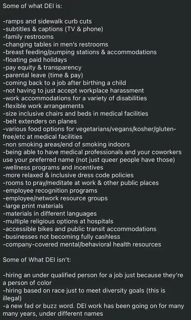 A black background with white text lists what DEI (Diversity, Equity, and Inclusion) is and isn't. The 'is' section includes…