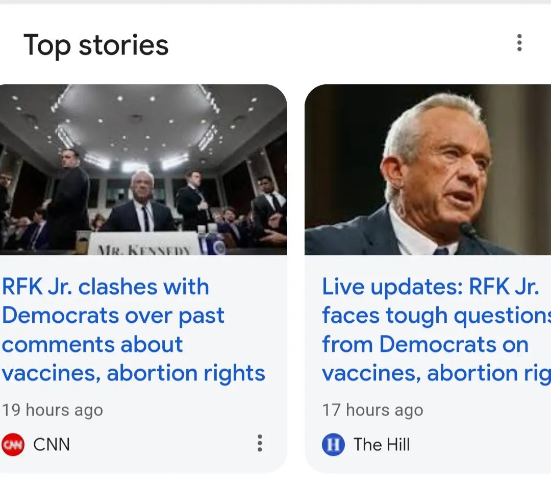 The image displays two news article thumbnails side by side under 'Top stories'. The left thumbnail shows a man at a hearing…