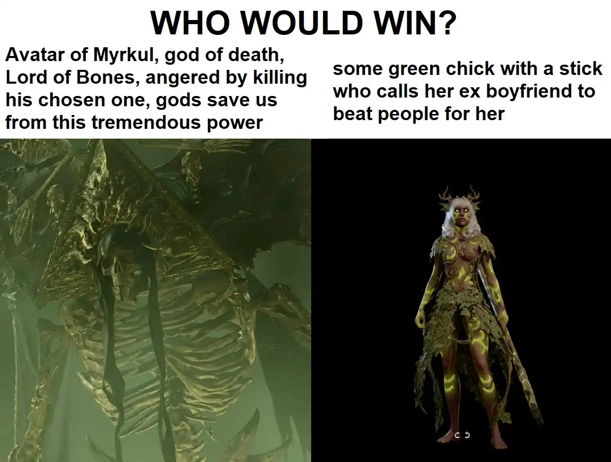 The image is split into two panels. The left shows a massive, menacing skeletal god with wings and skulls, labeled as…