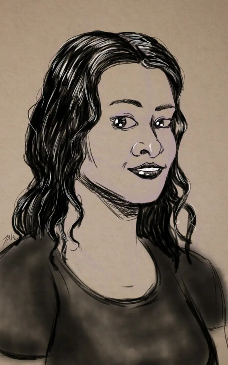 A black-and-white sketch of a woman with wavy dark hair and a slight smile, looking slightly to her right. The image has…