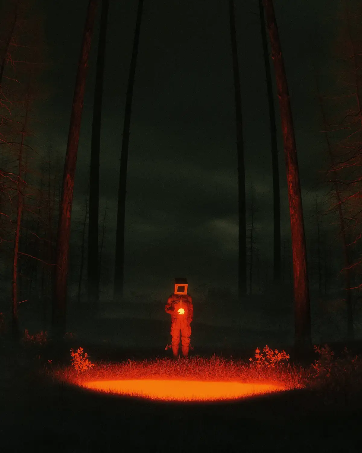A figure in a glowing orange astronaut suit stands alone in a dark, misty forest at night, illuminated by an orange light…