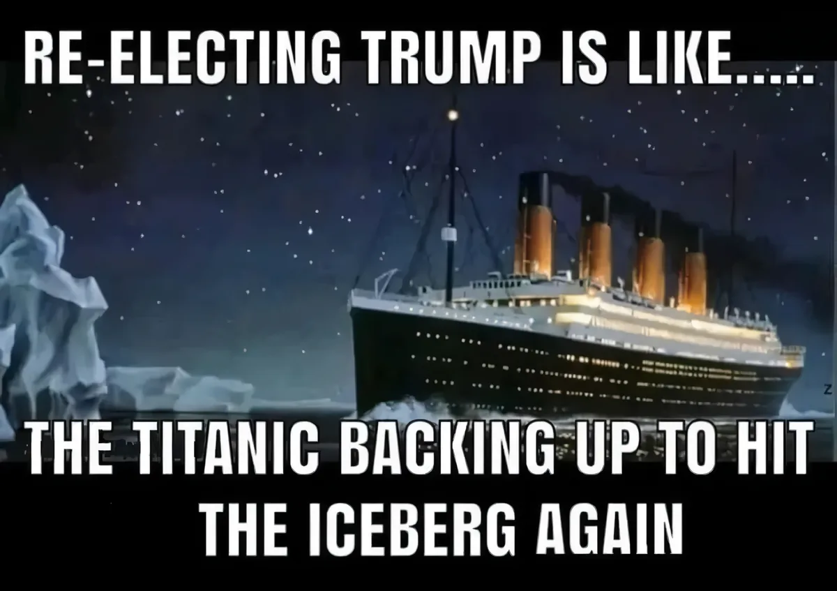 The image shows the RMS Titanic sailing at night, illuminated, with a large iceberg visible to its left. Overlaid text reads…