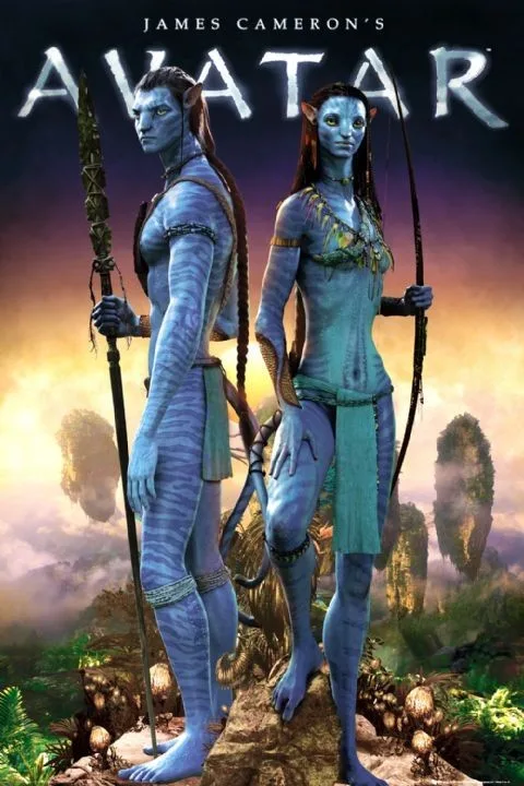The image is a movie poster for James Cameron's Avatar, featuring two blue-skinned Na'vi characters standing side by side in…