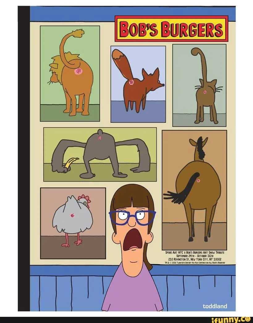 A promotional poster for 'Bob's Burgers' features a grid of six cartoon animals—lion, fox, cat, spider, chicken, and…