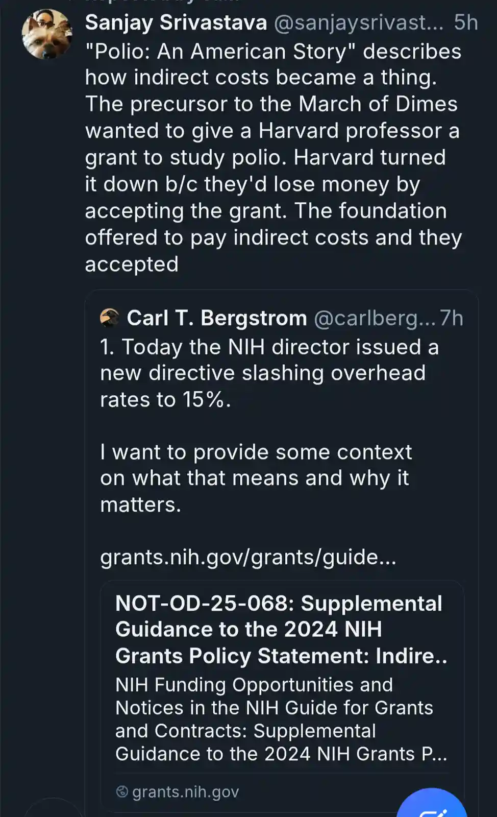 A screenshot of a Twitter thread where Sanjay Srivastava explains how Harvard initially rejected a grant for polio research…