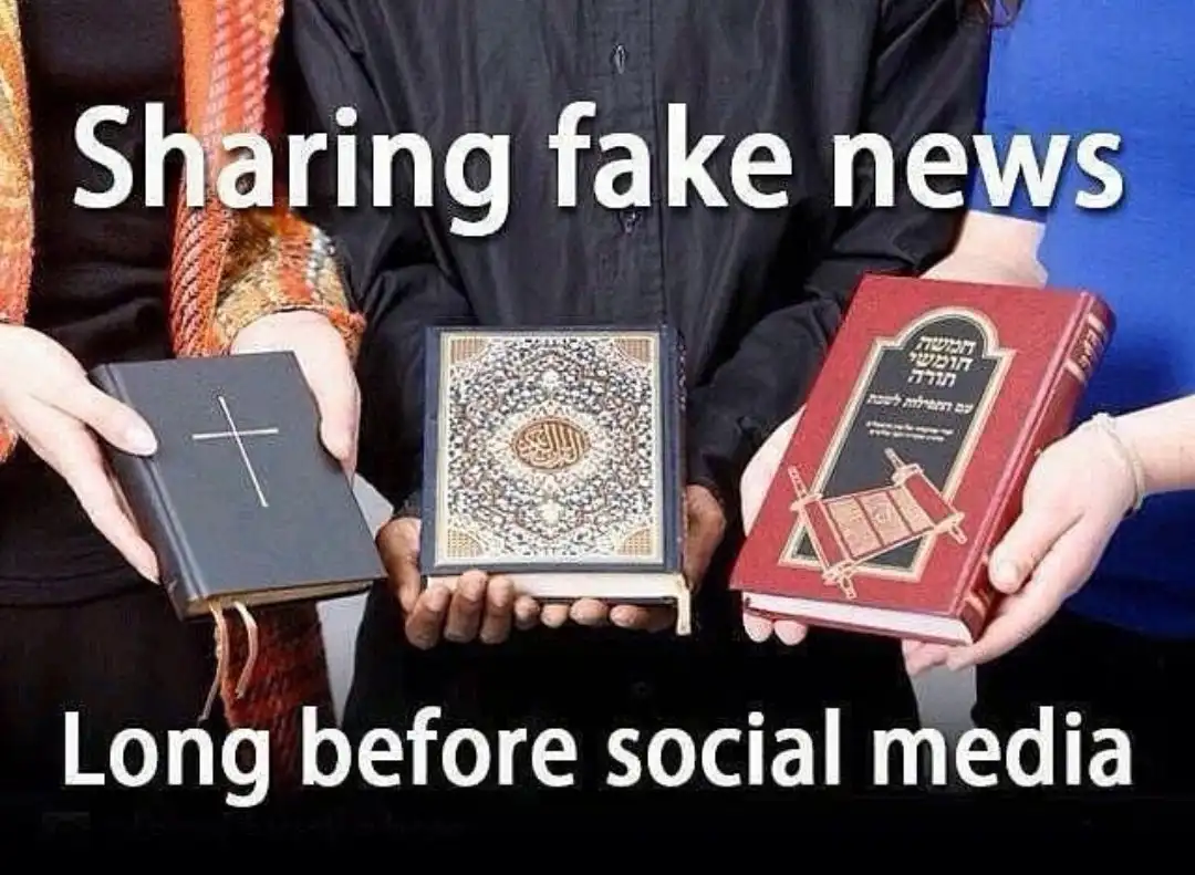 Three people hold religious texts — a black book with a cross, a decorated Quran, and a red Hebrew book — while large white…