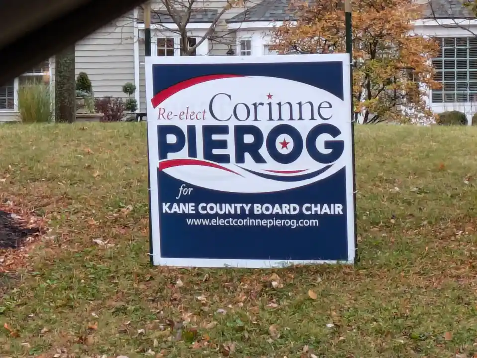 A political campaign sign for Corinne Pierog stands in a grassy yard with fallen leaves, promoting her re-election for Kane…