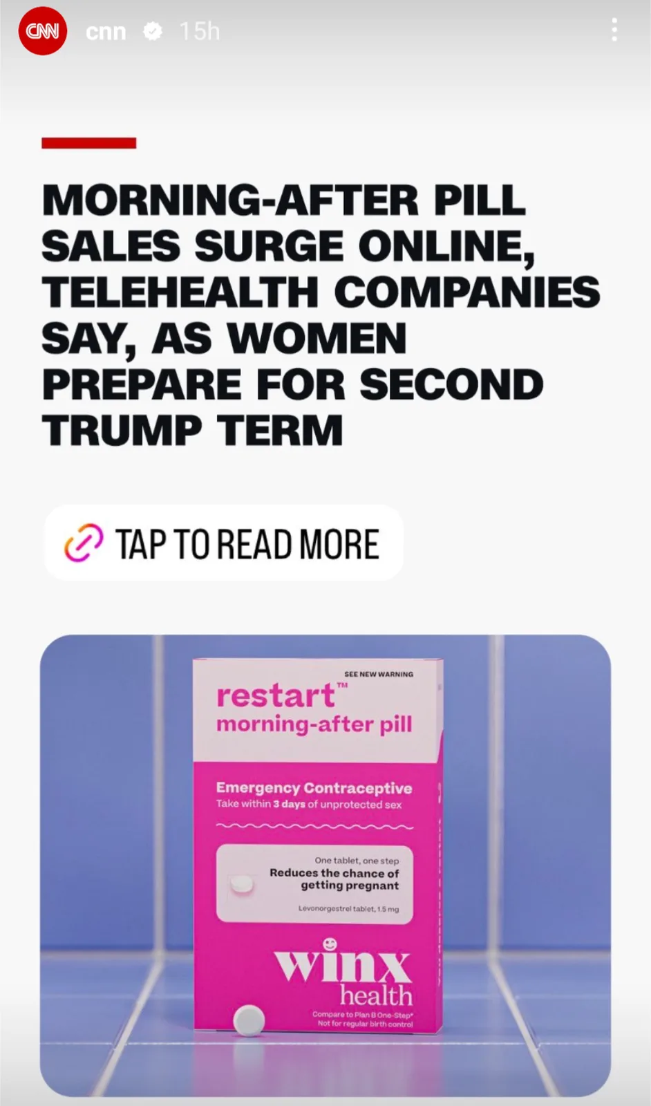 A screenshot of a CNN article headline about a surge in morning-after pill sales online, with an image of a pink 'restart'…