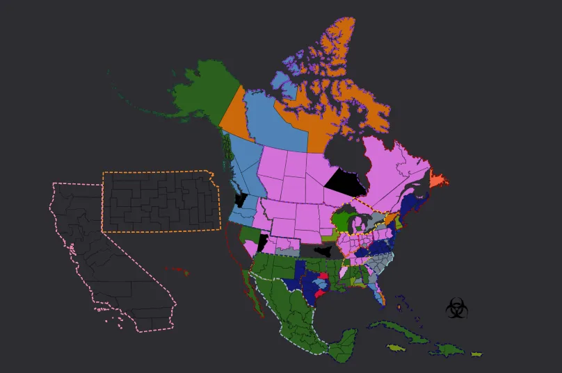 A colorful map of North America with the United States, Canada, and Mexico colored in various shades, with several U.S…