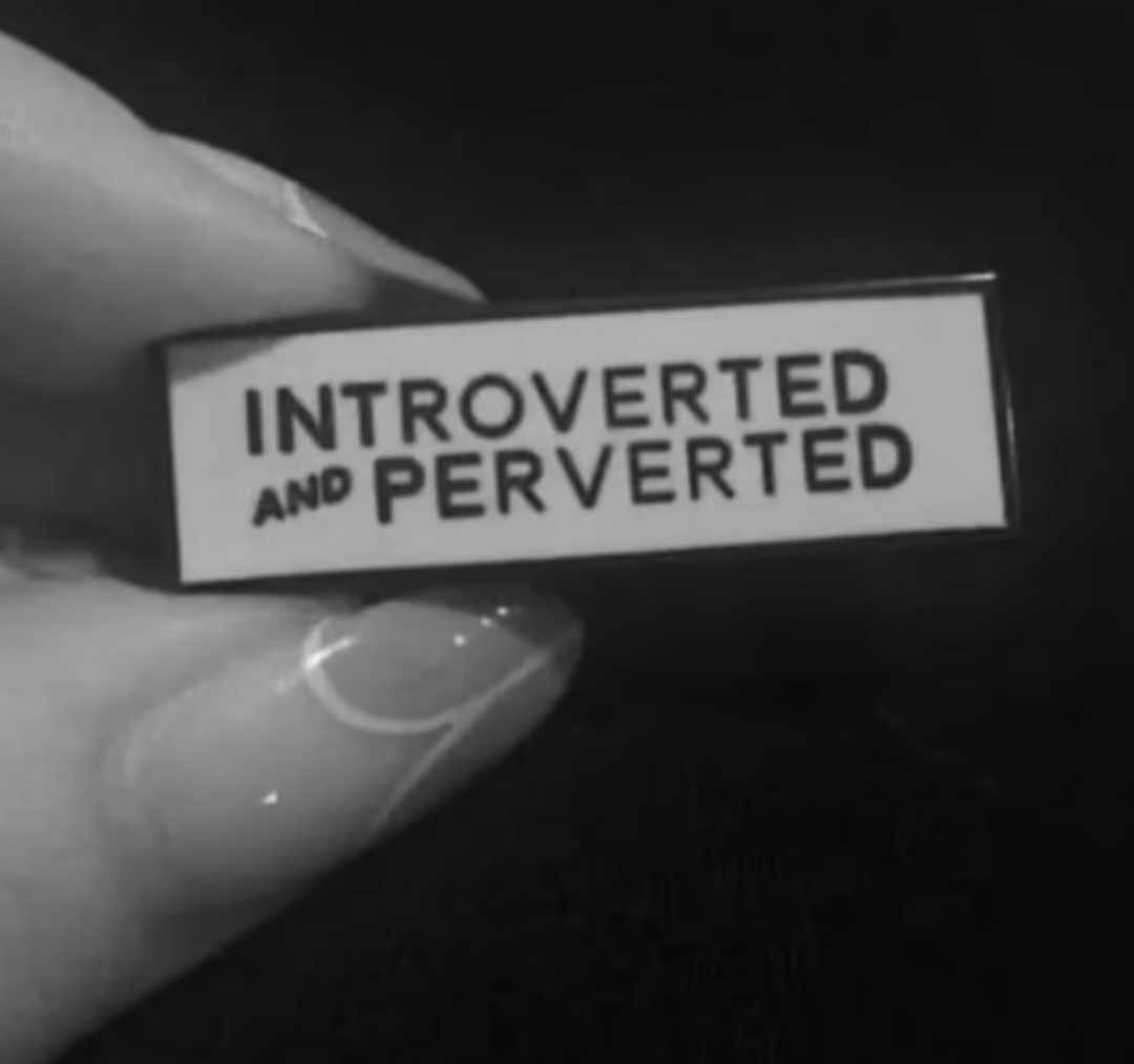 A hand with long, glossy nails holds a small rectangular white badge with black text that reads 'INTROVERTED AND PERVERTED'…