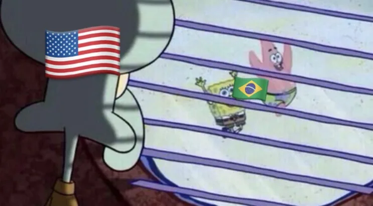 Squidward, with an American flag over his face, stands outside jail bars while SpongeBob and Patrick, both with Brazilian…