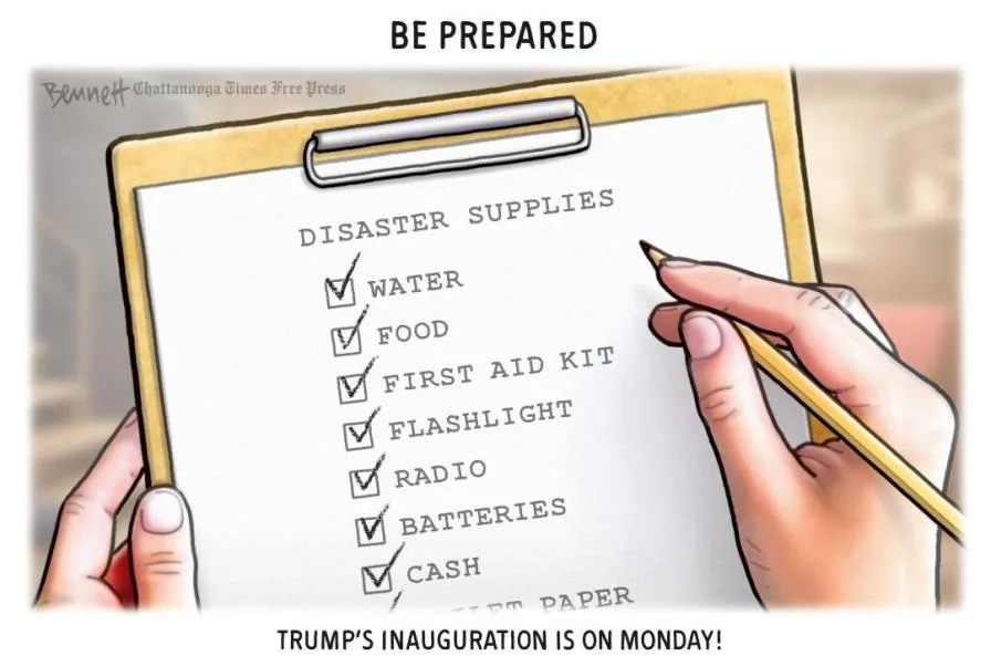 A cartoon shows hands holding a clipboard with a checklist titled 'DISASTER SUPPLIES,' all items checked off including…
