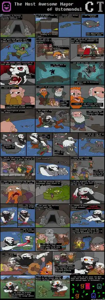 A comic strip titled 'The Most Awesome Mayor of Ustomondul CT' depicts a vampire mayor of a dwarven fortress. The story…
