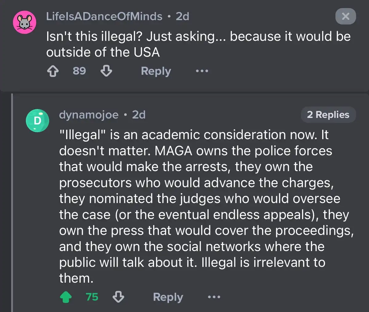 A screenshot of a Reddit comment thread where a user asks if something is illegal because it's outside the USA, and another…