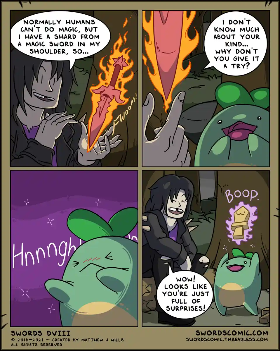 A four-panel comic strip shows a human character with a magical sword shard in their shoulder, attempting to cast magic…