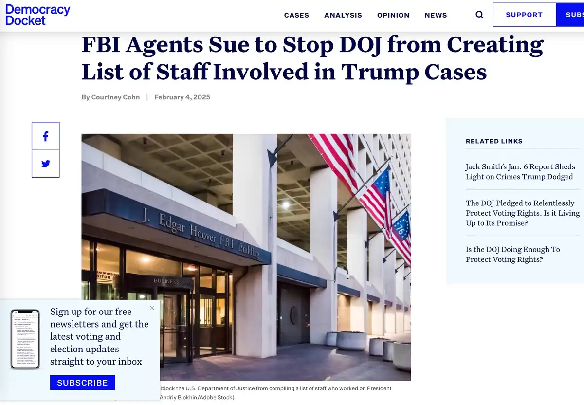 The image shows a screenshot of a news article from 'Democracy Docket' with the headline 'FBI Agents Sue to Stop DOJ from…