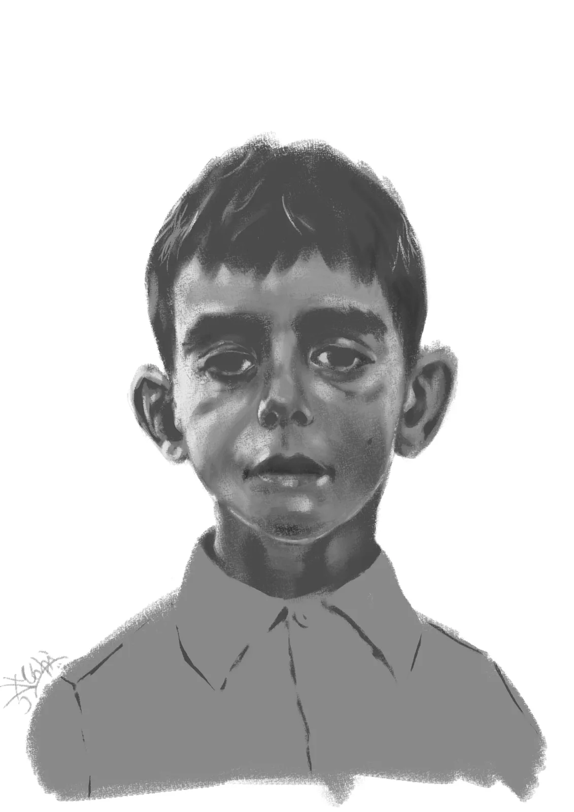 A grayscale digital portrait of a young boy with a solemn, tear-streaked face looking directly at the viewer, wearing a…