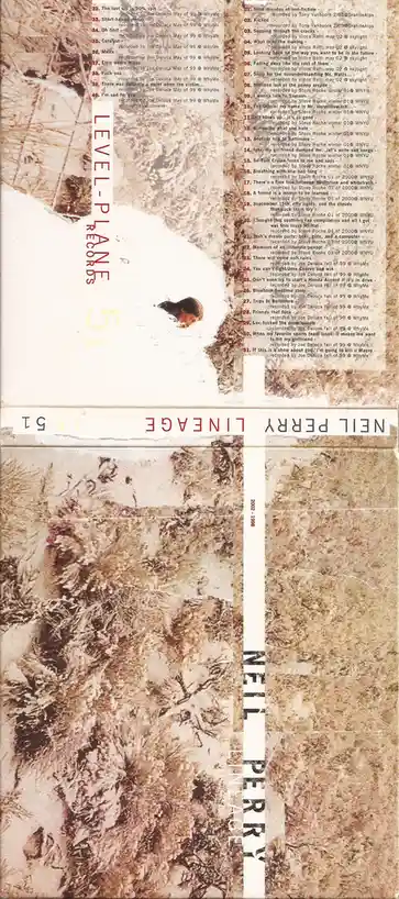The image shows the back cover of Neil Perry's album 'Lineage,' featuring a textured, sepia-toned collage of what appears to…