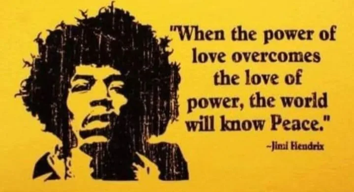 A yellow background features a black, stylized portrait of Jimi Hendrix with a quote overlaid in black text: 'When the power…