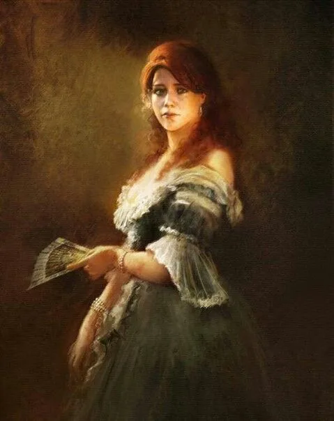 A classical oil painting depicts a woman in a dark, ornate gown with lace details, holding a fanned-out stack of US dollar…
