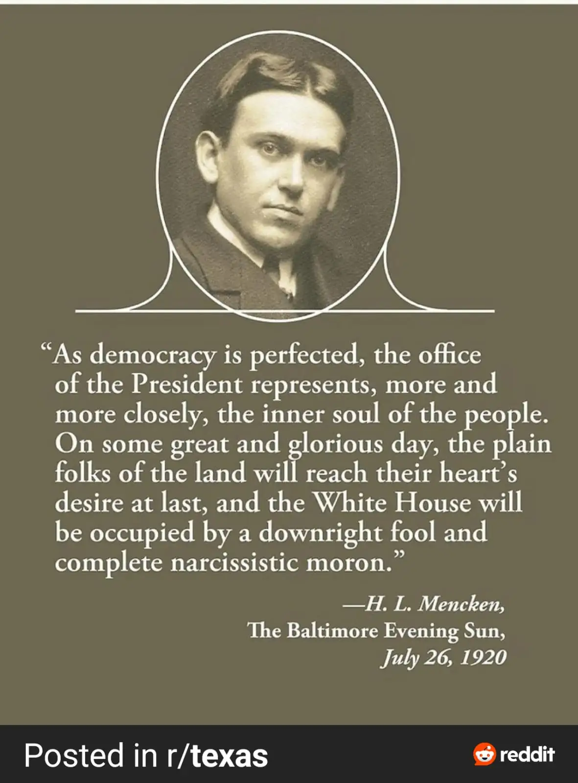 A sepia-toned portrait of H. L. Mencken is displayed above a quote attributed to him from July 26, 1920, in The Baltimore…